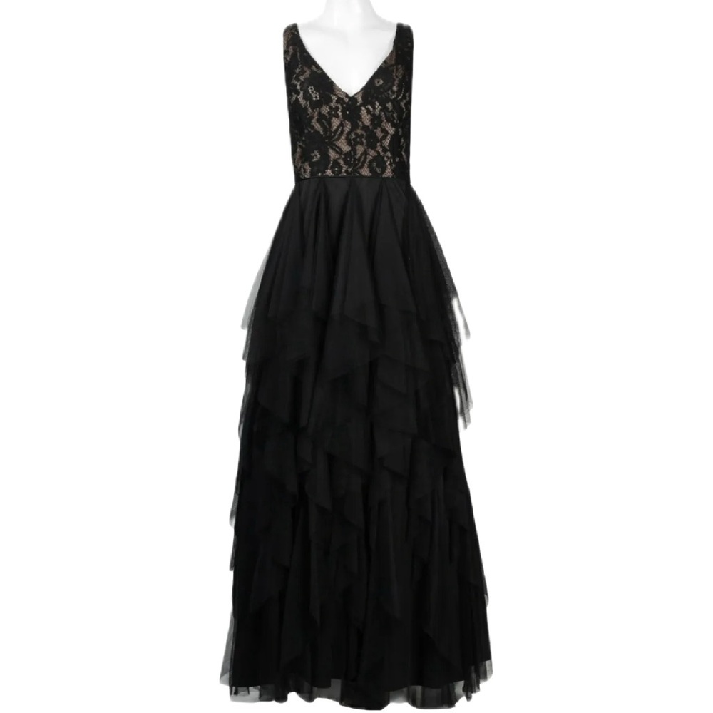 Aidan Mattox | Black Nude Lace V-Neck Gown with Tiered Tulle Ruffled Skirt